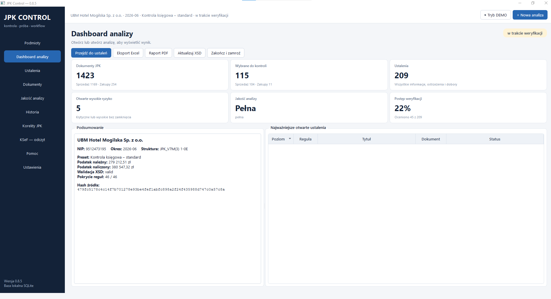 JPK Control — dashboard analizy
